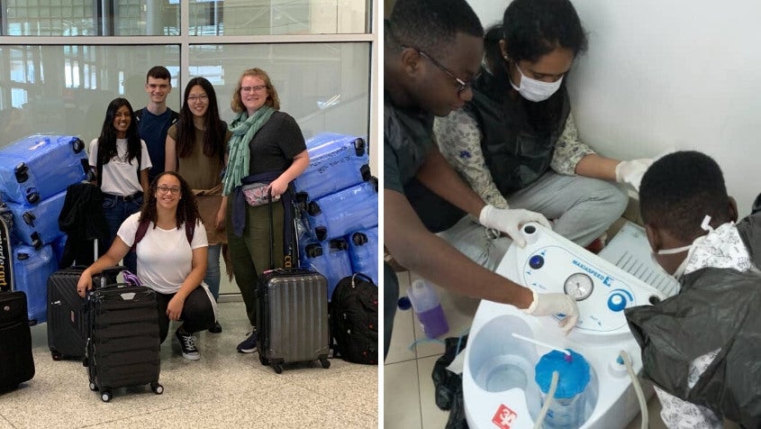 From left: Rice 360 interns on their way to Malawi, including Yan and Andersen; Mehendale and her design team clean and test a blood suction pump.
