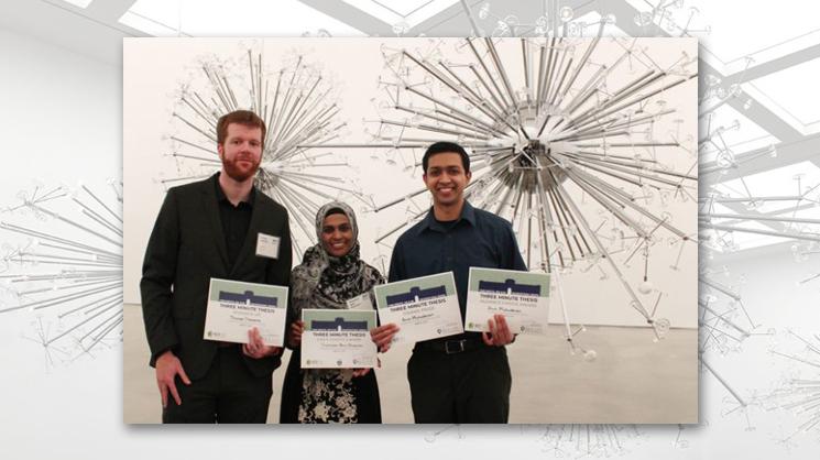 3MT competition winners (from left) are Thomas Clements, Thasneem Banu Frousnoon and Arun Mahadevan. Photo by Sushma Sri Pamulapati