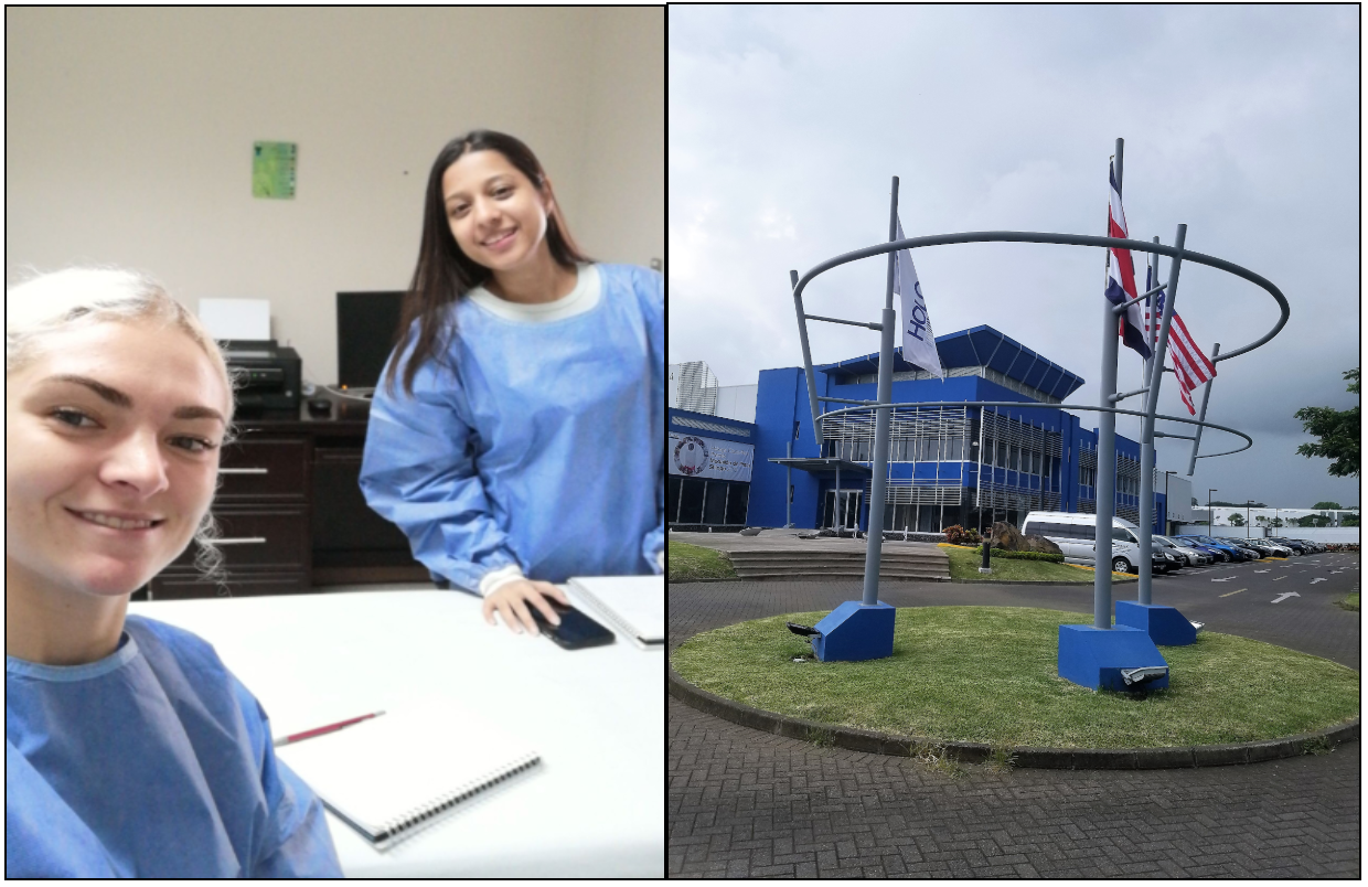 Lamiya and I in scrubs for clinical observations (left). The front entrance of Hologic - the medical device company I currently work at (right).