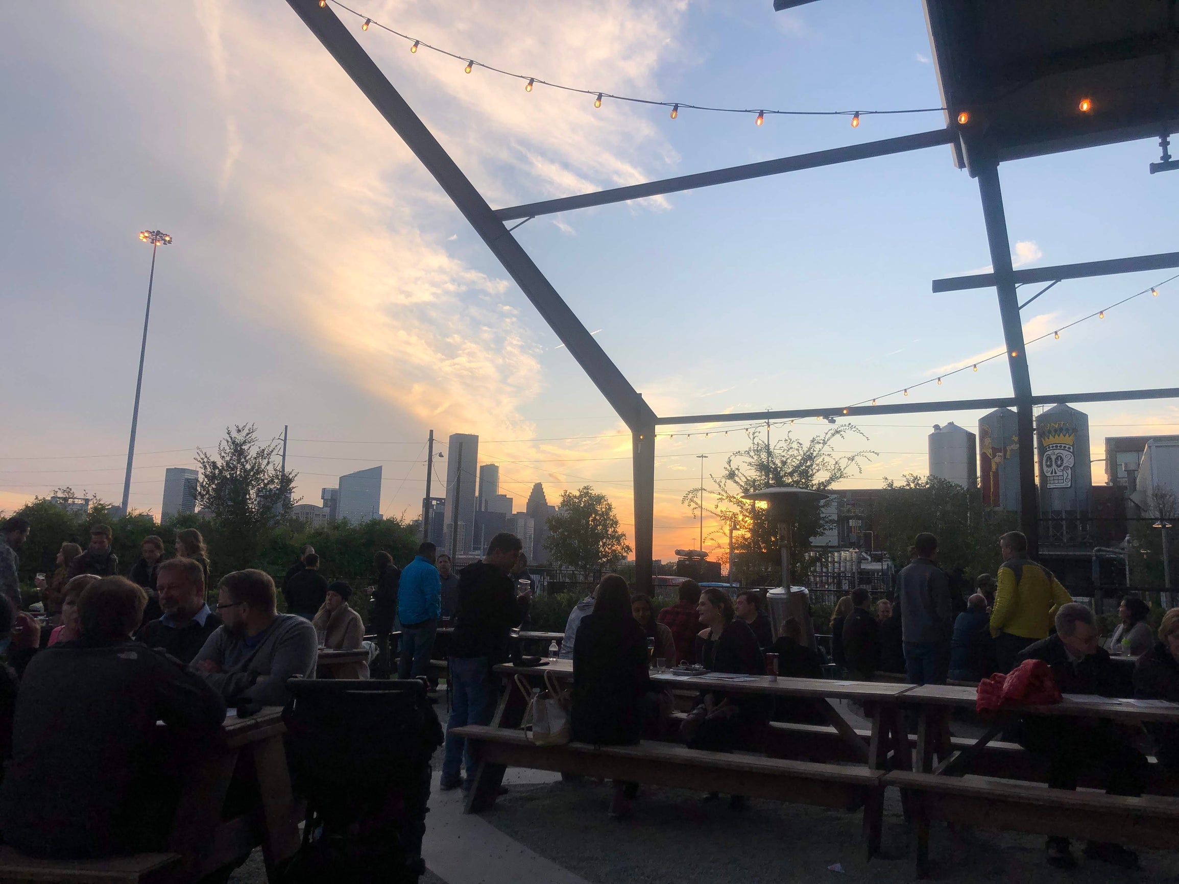 View of the downtown Houston skyline from the outdoor patio of St. Arnold's Beer Garden.
