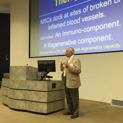 Professor Arnold Caplan of Case Western Reserve University delivers a lecture at the Advances in Tissue Engineering short course held at BRC in 2016. 