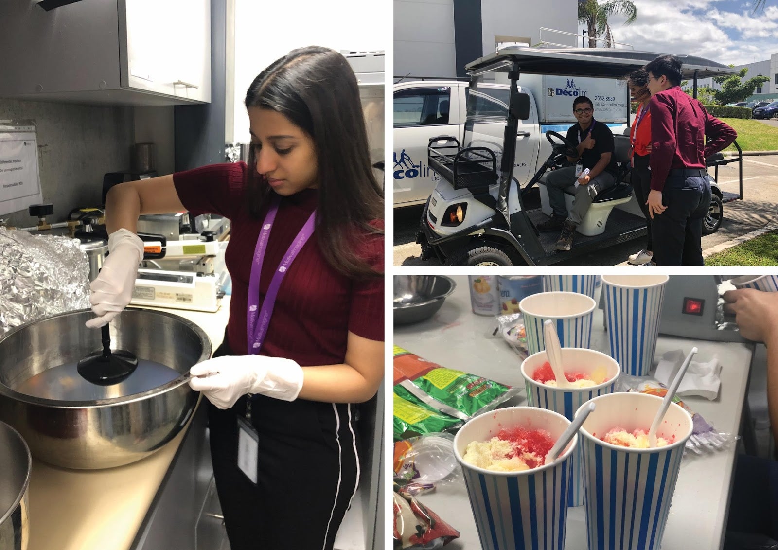 Hands-on implant dipping session (left), golf cart training (top right) and snow cone office party (bottom right)