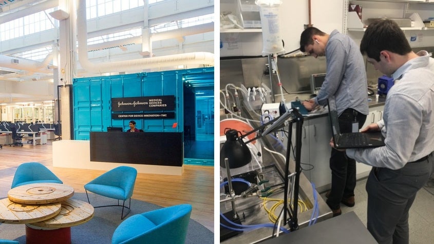 The Johnson & Johnson Center for Device Innovation in the Texas Medical Center; Eric Torres (right) and a colleague working on a project.