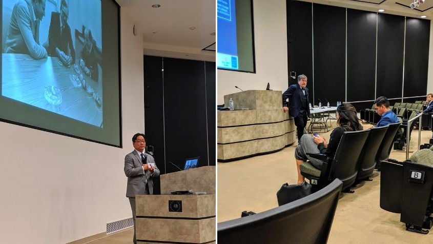 From left: Keynote speaker and alum Charles Liu, M.D./Ph.D. '92 finishes his presentation by recognizing department founder David H. Hellums; keynote speaker Peter Hotez, M.D., Ph.D. addresses the audience.