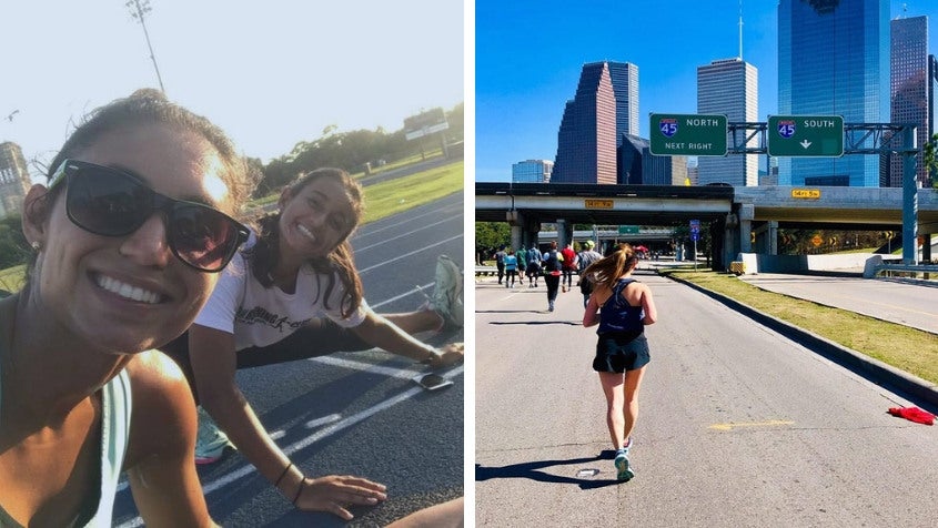 Above, from left: Mary Natoli and Kathryn Kundrod training; Melody Tan running in the 2019 Chevron Houston Marathon.