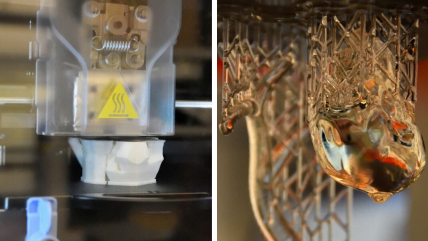 A fused deposition 3D model of a skull taken from a medical image in the Biomaterials Lab; high-resolution models of a heart and a trachea produced using one of the Biomaterials Lab's 3D printers.