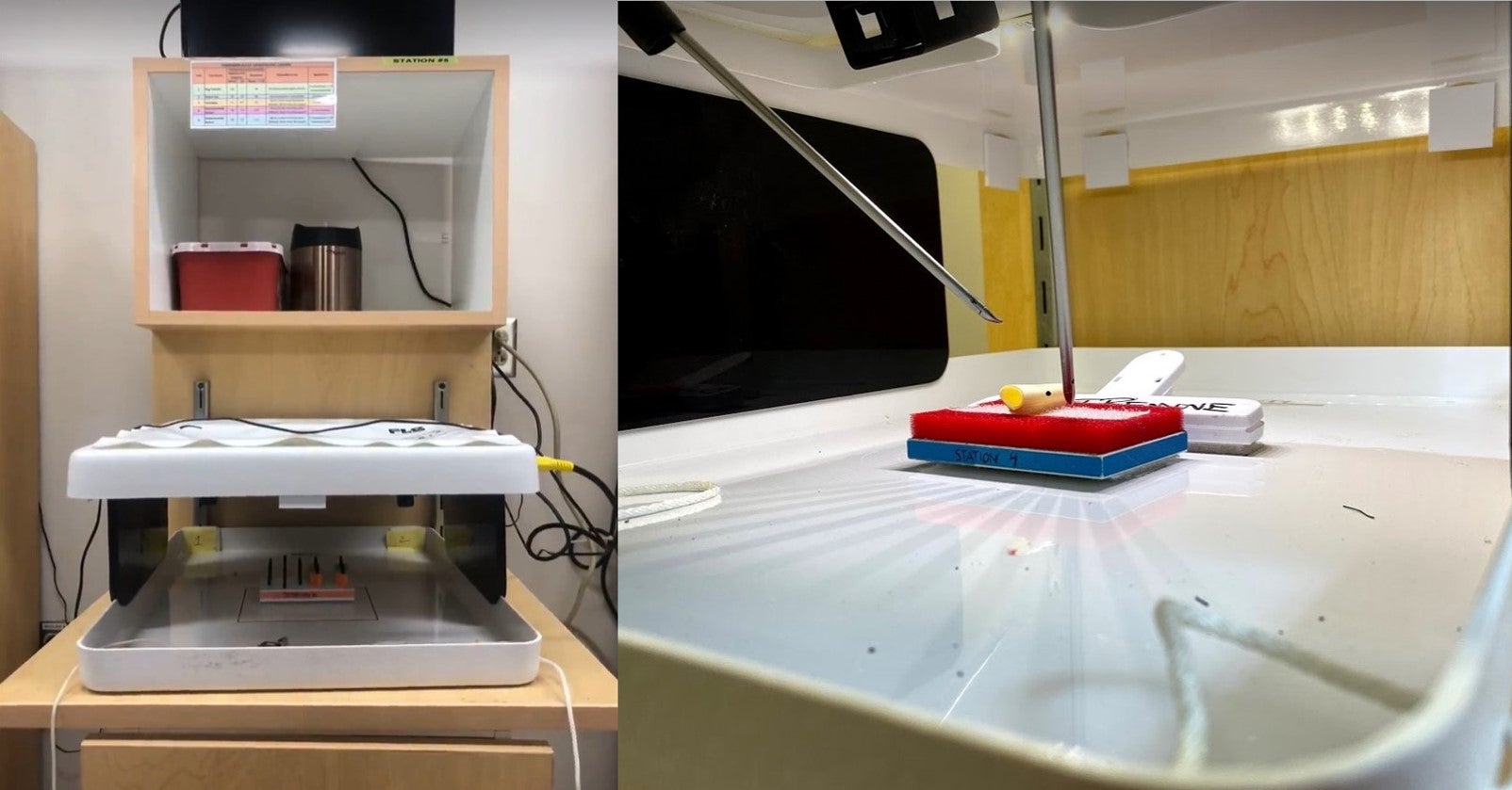 Left: Standard FLS task setup – tools would be inserted into the top of the white box and used to manipulate the task inside the box; Right: our team attempting to perform the FLS suturing task at Baylor College of Medicine Sim Lab