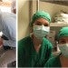 Experiences in Hospital Nacional de Niños. Petting therapy “dogs” – this one is fake (left), and posing in scrubs right before entering the operating room (right)